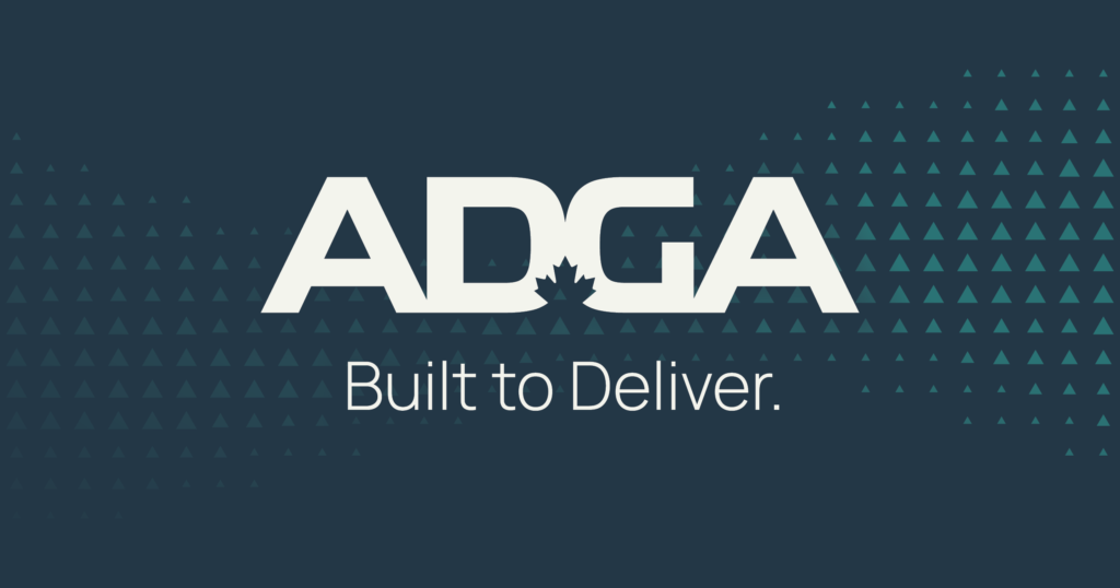 White text on a blue background reads "ADGA" with a maple leaf in the middle, and "Built to Deliver." below. Triangles fade in pattern across the background.